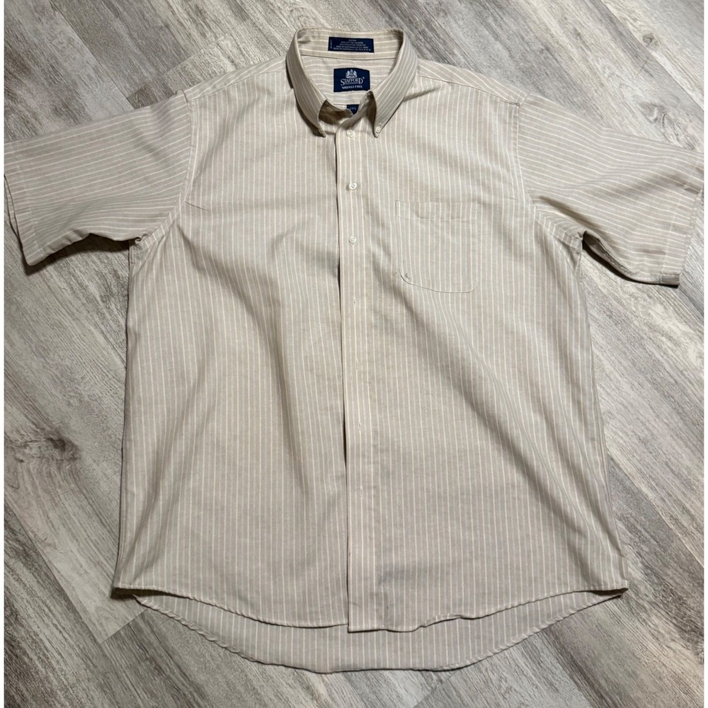 Stafford Mens Oxford Wrinkle Free Button Down Beige Stripe Short Sleeve 17.5